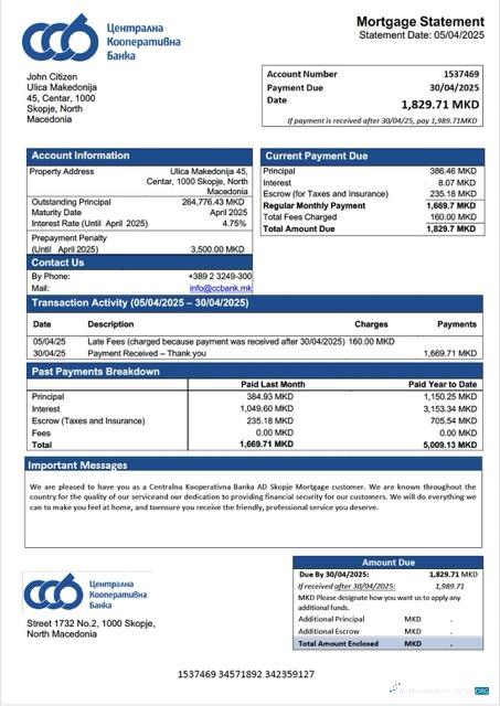 North Macedonia Centralna Kooperativna Banka AD Skopje mortgage statement Word and PDF template